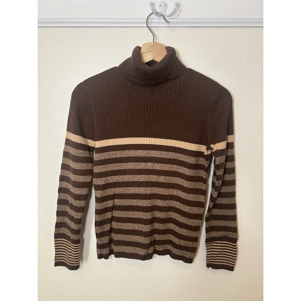 Vintage Liz Claiborne Villager Sport 100% Cotton Brown Stripe Turtleneck